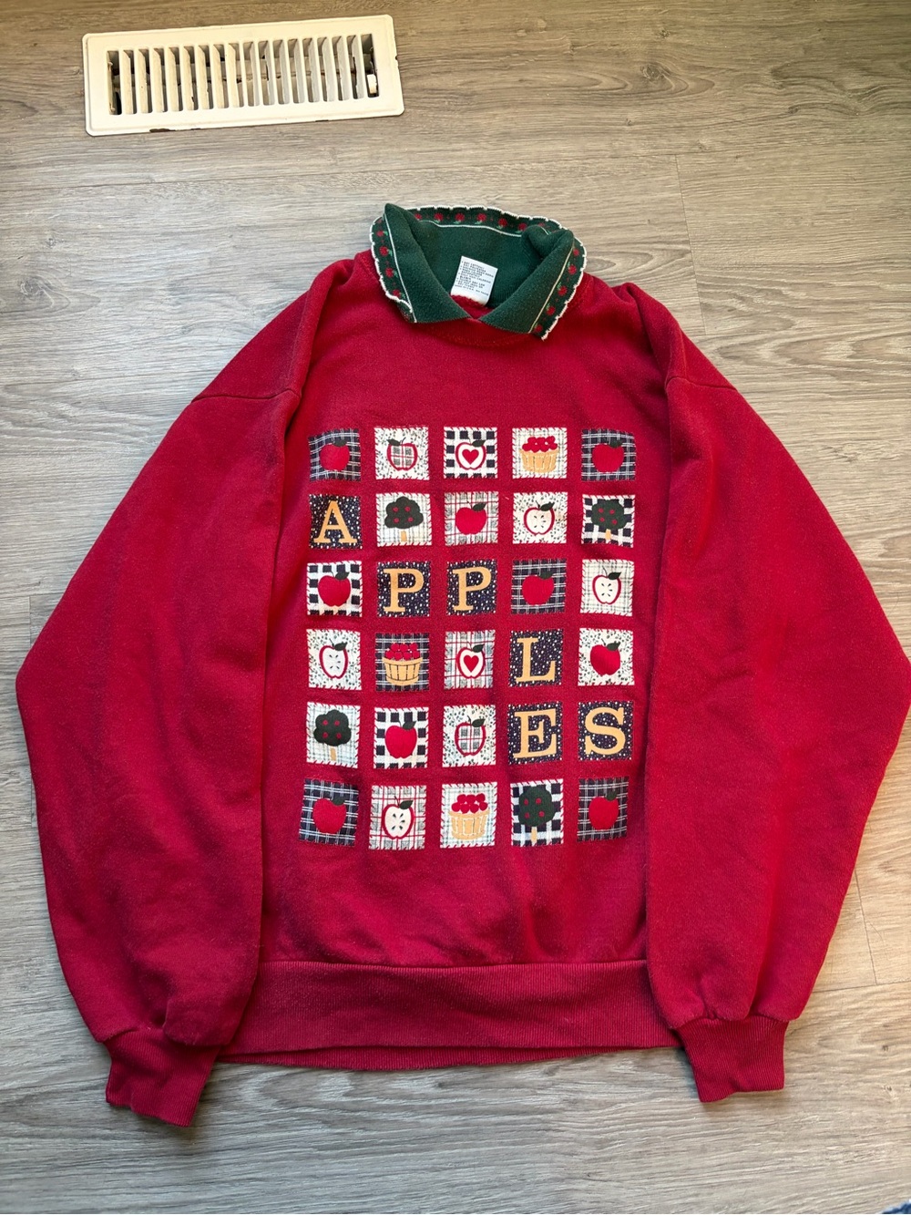Red Apple Sweater with Green Collar Vintage